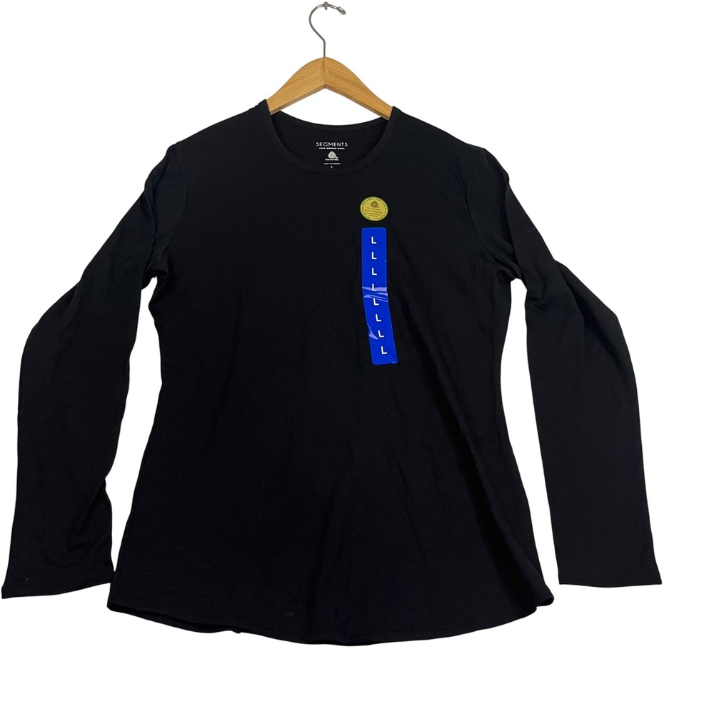Segments Mens L Black 100% Merino Wool Long Sleeve Crewneck Base Layer Top NWT